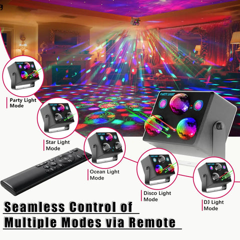 RGB Sound Activated Disco Light With Remote Control showcasing multiple pattern modes and colorful ambient glow for parties.