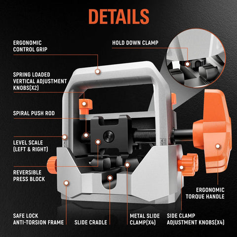 Beefy Manual Dovetail Alignment Pusher Tool With Rotatable Block, Precision Scale, And Smooth Horizontal Travel For Precise Positioning, Heavy Duty Aluminum Frame And Steel Construction. Details view with clamp, scale, handle, and adjustment knobs