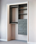 Fully Assembled Grey Closet Organizer Kit With Double Hanging Rods, Shelves, And Drawers As A 54 Inch Corner Unit to banish clutter fast.