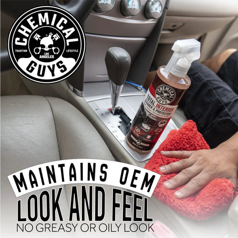All In One Interior Cleaner And Protectant With Black Cherry Scent, 16 Oz, Safe On Leather, Vinyl, Plastic, Rubber And Glass, Cleans, Protects, And Refreshes Dash, Doors, And Panels For A Factory Clean Look And Fresh Car Vibe, bottle on car console
