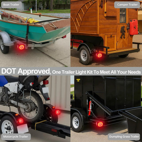 Submersible LED Trailer Light Kit With 26 Foot Wiring Harness And 2 Side Marker Lights on various trailers, DOT approved