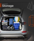 SUV trunk loaded with luggage, cooler, beach chairs, and beach ball, demonstrating compact storage space.