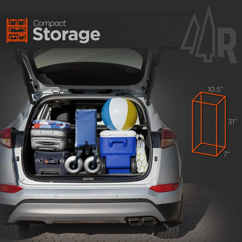 SUV trunk loaded with luggage, cooler, beach chairs, and beach ball, demonstrating compact storage space.