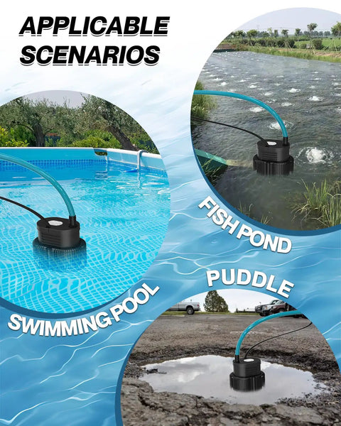 Above Ground Pool Cover Pump With Drainage Hose And 25 Foot Power Cord in pool, pond, and puddle use scenarios.