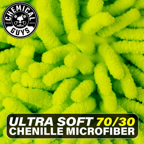 Close-up of Chenille Premium Scratch-Free Microfiber Wash Mitt For Your Ride Car Cleaning Lime Green Ultra-Soft Glove texture.