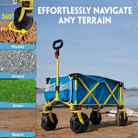 Beach Wagon With Big Wheels For Sand Heavy Duty Collapsible Cart With Tailgate Foldable Utility Wagon With Cup Holders And Side Pocket For Camping Shopping Garden Blue on sand