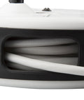 Close-up of Built Tough 30 Foot Cord Reel with Triple Tap Outlet and Inline Circuit Breaker, showing cord in steel housing.