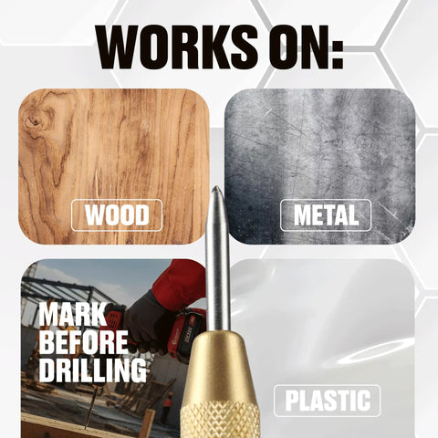 Automatic Center Punch For Metal And Wood Featuring Spring Loaded Kick And Adjustable Knob to mark wood, metal, and plastic surfaces.