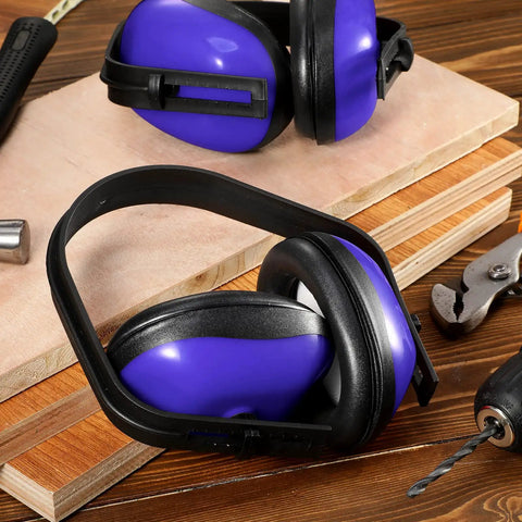 Six Pack Adjustable Safety Ear Muffs For Noise Reduction And Hearing Protection All Day Comfort For Hunting Shooting Construction And Woodworking Blue on a wooden surface