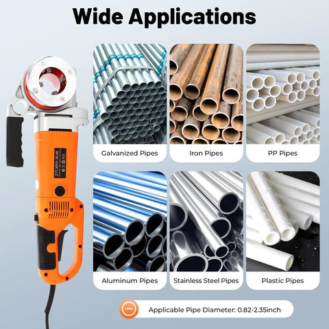 Heavy Duty Electric Pipe Threader Kit With 6 Dies For Plumbing And Gas Lines, showcasing various pipes for different applications.