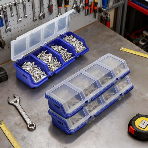 6 Pack Screw Organizer Box With Lid For Garage And Workshop Four Compartments Small Parts Bins on a workbench