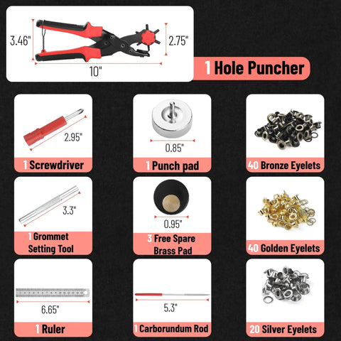 Leather Hole Punch Tool Set With Red Handle, Pro Grade Multi Size Punches And 100 Piece Grommet Eyelet Kit for DIY crafts