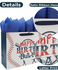 Large 13 Inch Baseball Themed Birthday Gift Bag With Handles, Greeting Card, Tissue Paper And Stickers For Boys Kids Teens, Sports Gift Bag For Baseball Fans, showing satin ribbon handle and blue tissue paper.