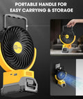 Cordless 5 Inch Job Site Fan With Brushless Motor, Variable Speed, USB Fast Charging And LED Light, yellow fan portable design.