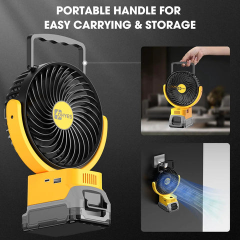 Cordless 5 Inch Job Site Fan With Brushless Motor, Variable Speed, USB Fast Charging And LED Light, yellow fan portable design.