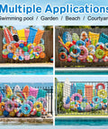 Big Pool Float Storage Net With 20 Hooks and Storage Bag displayed with pool floats and toys in various outdoor settings