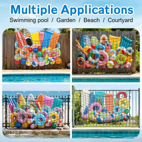 Big Pool Float Storage Net With 20 Hooks and Storage Bag displayed with pool floats and toys in various outdoor settings
