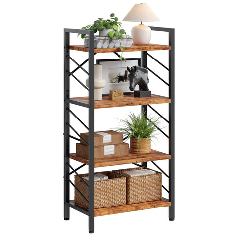 Four Tier Slim Bookshelf For Narrow Spaces Rustic Brown Faux Wood Wall Storage Rack Built For Tight Spots And Tiny Apartments Compact Floor Shelf Organizer Unit