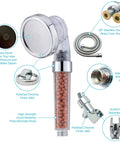 High Pressure Filter Shower Head With Hose Ionic Mineral Balls For Skin And Hair Health Alkaline Water Softens Hard Water Water Saving Handheld Shower With 3 Modes For A Spa Vibe At Home, showing components like metal panel, stainless hose, and polycarbonate body.