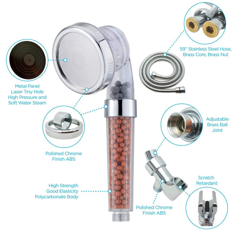 High Pressure Filter Shower Head With Hose Ionic Mineral Balls For Skin And Hair Health Alkaline Water Softens Hard Water Water Saving Handheld Shower With 3 Modes For A Spa Vibe At Home, showing components like metal panel, stainless hose, and polycarbonate body.