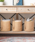Dope Natural Rope Woven Storage Basket With Wooden Bead Handles Macrame Organizer For Blankets, Toys, Clothes, Shoes And Plants Indoor Home Decor Bin In Brown 28x28 Cm under wooden shelf