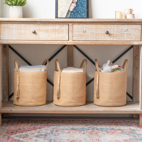 Dope Natural Rope Woven Storage Basket With Wooden Bead Handles Macrame Organizer For Blankets, Toys, Clothes, Shoes And Plants Indoor Home Decor Bin In Brown 28x28 Cm under wooden shelf