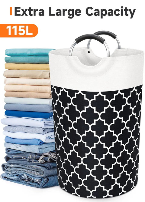 Tall Collapsible Laundry Basket With Soft Grip Aluminum Handles, 115L Waterproof Hamper For Dorm And Travel next to folded laundry