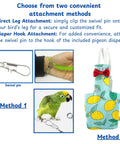 Bird Diaper Harness With Leash For Outdoor Fun, showcasing attachment methods with swivel pin and colorful diaper.
