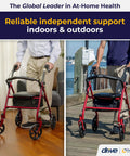 Rock Solid Red Rollator Walker With Cushy Seat And Steel Frame For Smooth Indoor Outside Navigation Heavy Duty Senior Mobility Aid 7.5 Inch Wheels in use indoors and outdoors.