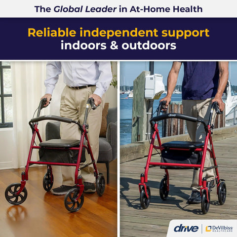 Rock Solid Red Rollator Walker With Cushy Seat And Steel Frame For Smooth Indoor Outside Navigation Heavy Duty Senior Mobility Aid 7.5 Inch Wheels in use indoors and outdoors.