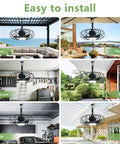 20 Inch Black Outdoor Ceiling Fan With Light And Remote App Control Three Color Temperatures Six Speed Options IP65 Waterproof Gazebo Hanging Fan For Patio Porch Garage Canopy installed in various outdoor spaces, showing fan designs in gazebo, pergola, toolroom, porch, garage, and patio.