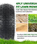 Close-up of a black tire with tread pattern for Exact Replacement Front Tire And Wheel Set 15x6-6 Tubeless For John Deere Riding Mowers.