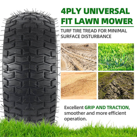 Close-up of a black tire with tread pattern for Exact Replacement Front Tire And Wheel Set 15x6-6 Tubeless For John Deere Riding Mowers.
