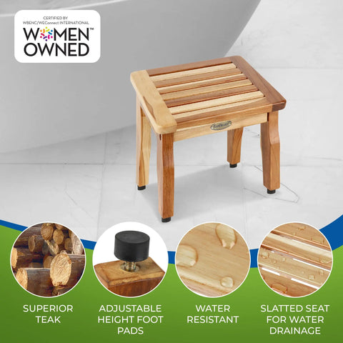 Teak Shower Stool For Shaving, 12 Inch Compact Foot Stool with nonslip pads, slatted seat, water resistant, bath step ideal for stability