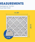 Measurement chart for Six Pack 12 By 12 By 1 MERV 11 Pleated HVAC Filter For Furnace And AC, showing actual size 11.75 x 11.75 x 0.75 inches.
