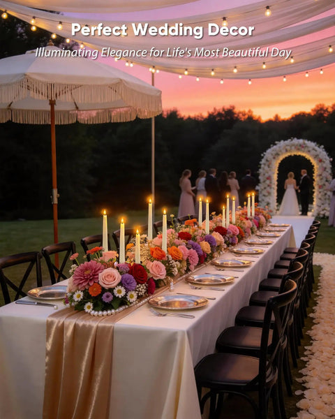 Outdoor wedding table with Green Striped Flameless Taper Candles With Remote Timer, 6 Pack, 9.6 Inch Real Wax Candlesticks at sunset.