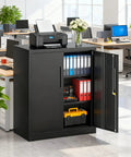 Metal Storage Cabinets 36 Inch Locking Cabinet With Doors And Adjustable Shelves For Home Office Kitchen And Garage Black Steel Utility Tool Cabinet Durable Tough As Nails Scratch Resistant And Easy To Clean For Heavy Duty Use in an office setting with open door showing files and tools.