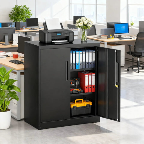 Metal Storage Cabinets 36 Inch Locking Cabinet With Doors And Adjustable Shelves For Home Office Kitchen And Garage Black Steel Utility Tool Cabinet Durable Tough As Nails Scratch Resistant And Easy To Clean For Heavy Duty Use in an office setting with open door showing files and tools.