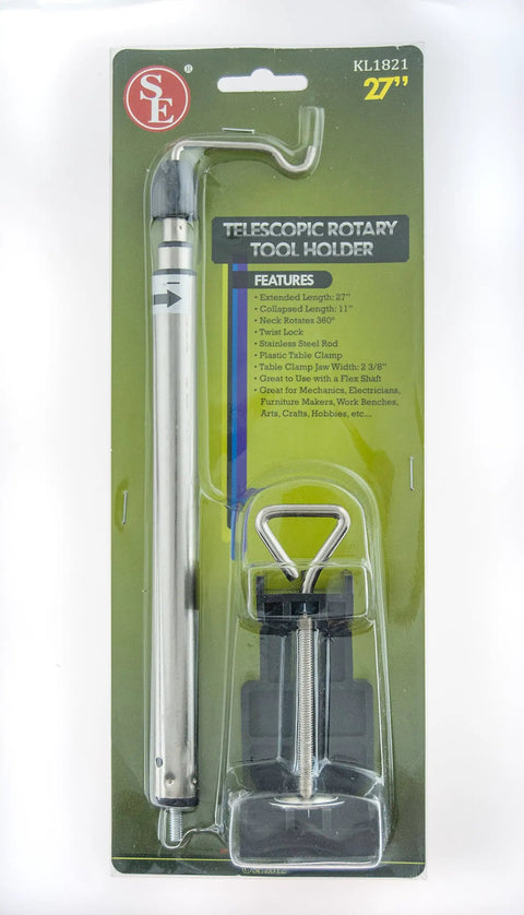 Go-To 27 Inch Telescoping Rotary Tool Holder With Table Clamp For Flex Shaft Hanger Stand, Perfect DIY Setup For Crafting And Metalworking, Durable Stainless Steel Rod, Stable, Handy Tool Support. Packaged tool holder with clamp