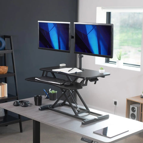 32 Inch Height Adjustable Desk Riser with Dual Monitor Stand for Two 13 to 30 Inch Screens sit-stand desk in office setup