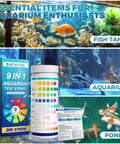 Hardcore Aquarium Test Strips 200 Count 9 In 1 Fish Tank Water Testing Kit alongside colorful fish in a vibrant aquarium setting.