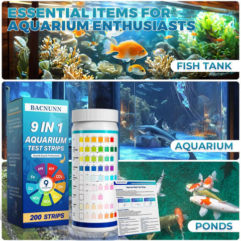 Hardcore Aquarium Test Strips 200 Count 9 In 1 Fish Tank Water Testing Kit alongside colorful fish in a vibrant aquarium setting.