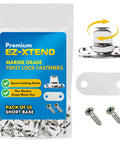 Front view of EZ-Xtend marine-grade twist lock fasteners, 10-pack, short-base; nickel-plated brass turn buttons with stainless screws
