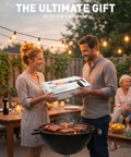 Couple holding Propane Torch Gun With Adjustable Flame For Searing Charcoal Lighting And BBQ Grilling next to outdoor grill