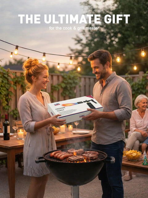 Couple holding Propane Torch Gun With Adjustable Flame For Searing Charcoal Lighting And BBQ Grilling next to outdoor grill