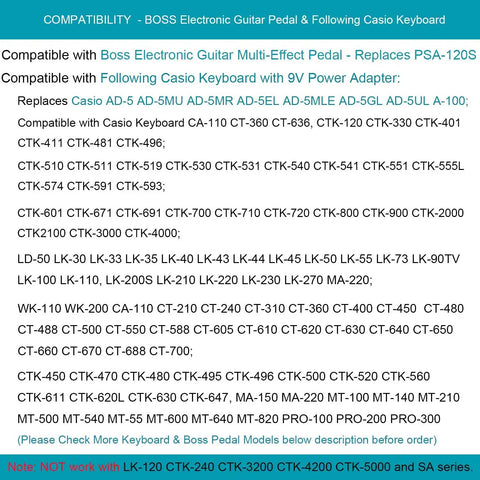Compatibility list for Boss guitar pedal and Casio keyboard, showing compatible models and adapters. Not compatible with LK-120 series.