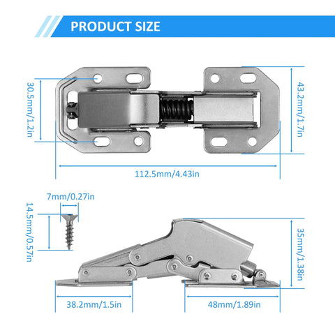 Heavy Duty Concealed Cabinet Hinges 4.4 Inch Soft Close With 90 Degree Opening 2 Pack No Pre Drilled Surface Mount dimensions