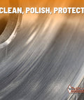 Close-up of metal surface with White Diamond logo, showcasing Metal Polish With Long Lasting Sealant Cleaner Polisher Protectant All In One