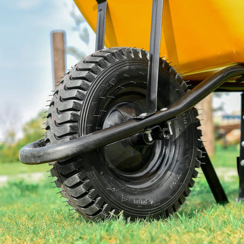 Close-up of a black tire with Tough As Nails Inner Tubes For 4.80/4.00-8 Inch Tires With TR87 Angled Valve on a wheelbarrow