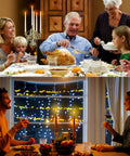 Family dinner with turkey and 24 Pack Flameless Taper Candles Battery Operated LED Candles With Realistic Flicker on table.